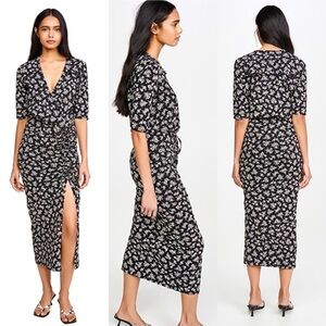 Veronica Beard Jeans Mariposa Floral Ruched Maxi Dress Black White Ruffle L
